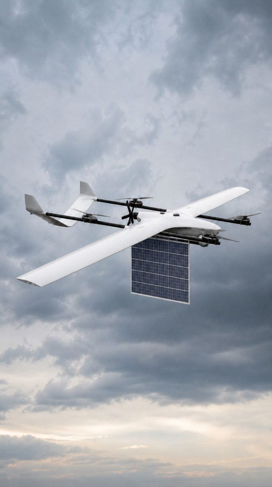 Fixed-wing VTOL UAV in flight with a SkySail array deployed beneath the fuselage