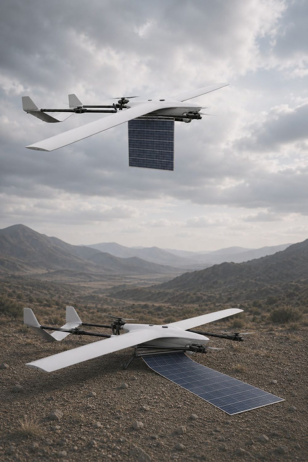 Two fixed-wing VTOL UAVs in a mountain valley, one airborne with a deployed SkySail array and one on the ground with a roll-out ground array